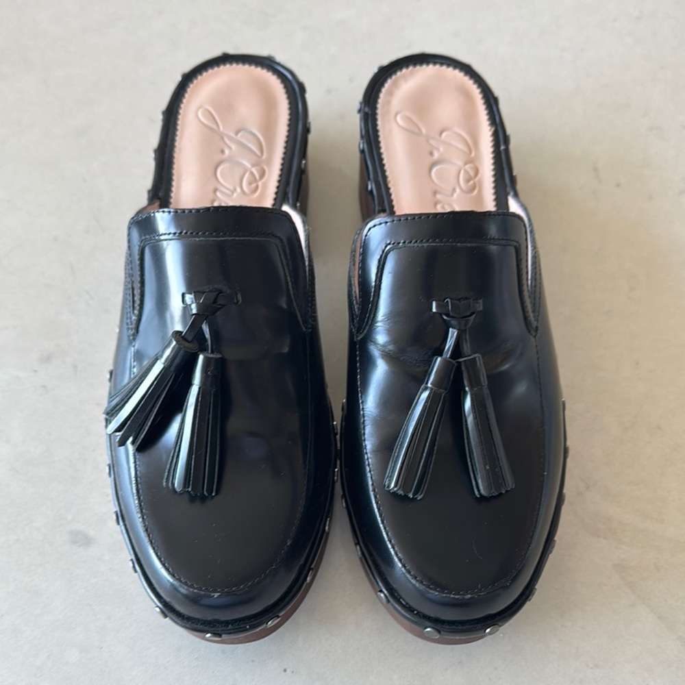 J. Crew Black Leather Mules with Tassels and Studded Wood Soles